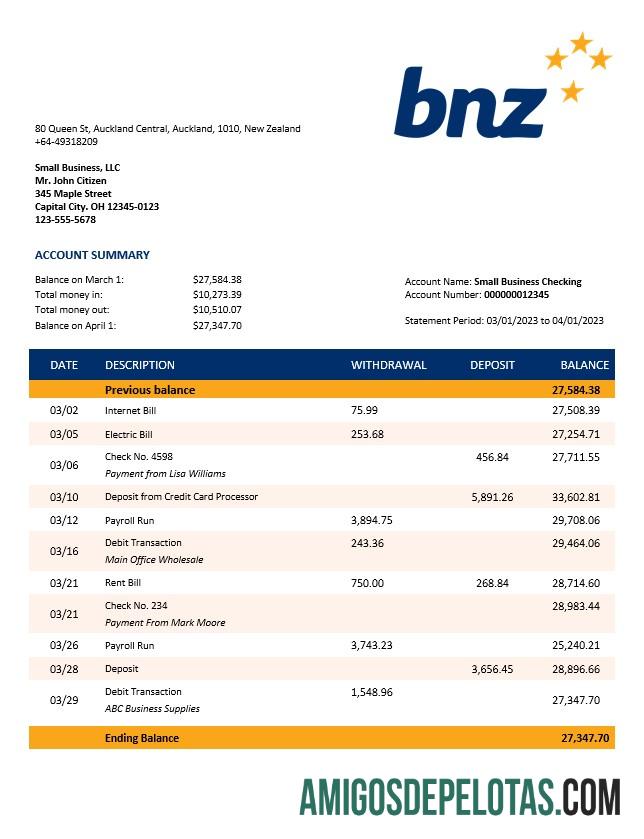 Em branco Extrato de conta da organização bancária do BNZ modelo Word e PDF